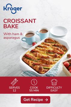 an advertisement for a bake with ham and asparagus on the table next to two cups of coffee