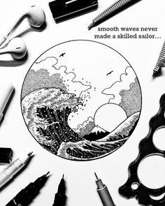 a drawing of a wave in the ocean surrounded by office supplies