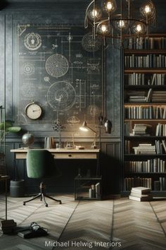 an office with a chalkboard on the wall and lots of bookshelves in it