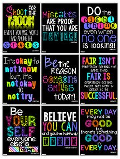 six posters with different sayings on the same page, each in different colors and styles