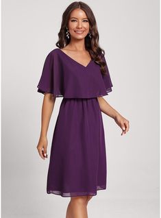 JJ's House Chiffon V-Neck Fall Spring Summer Winter Sheath/Column Elegant Sweet & Flow Simple Beach Grape Height:5.8ft（176cm） Bust:32in（82cm）Waist:24in（61cm）Hips:35in（89cm） No Special Offer Knee-Length Purple Short Sleeve Flutter Sleeve Cocktail Dress. #JJ's House #Chiffon #VNeck #Fall #Spring #Summer #Winter #SheathColumn #Elegant #Sweet&Flow #Simple #Beach #Grape #No #SpecialOffer #KneeLength #Purple #ShortSleeve #FlutterSleeve #CocktailDress Knee Length Dresses Formal, Chiffon Styles, Cocktail Dress Short, Cruise Dress, Chiffon Cocktail Dress, Dresses Formal Elegant, Chiffon Midi Dress, Tea Length Dresses, Knee Length Dresses