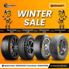 an advertisement for winter sale with four tires