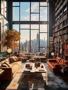 a living room filled with lots of furniture and large windows overlooking the cityscape