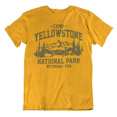 Camp Yellowstone funny graphic t-shirt made by hand in East Tennessee printed on ultra soft unisex fine jersey gold t-shirt. Sizes Adult small to 3X-large. Yellow Graphic Tee With Custom Print, Yellow Custom Print Graphic Tee, Yellowstone Funny, Graphic Tees Funny, Yellowstone Camping, East Tennessee, Funny Graphic Tees, T Shirt Photo, Funny Graphics