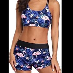 New W/Tag Brand: Younique 2pc Athletic Bikini Bathing Suit Blue, Pink, Black & White Flamingo Print Top Sports Bra Style Pull Over Removable Padding Double Criss Cross Straps Bottoms Boy Shorts Black Waist Band High Waisted Lined 85% Polyester/15% Spandex Size M Sb3-F Modest Swimsuits Tankini, High Neck Swimwear, Black Flamingo, Athletic Bikinis, Sporty Bathing Suits, Modest Tankini, Swim Tank, Swimsuits Athletic, Tankini Swimsuits For Women