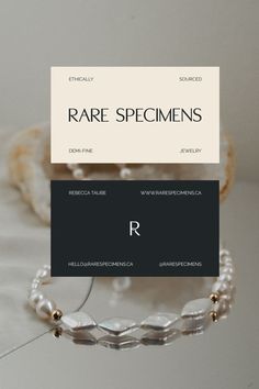 a bracelet with pearls and a business card on it