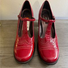 Nwt. Never Worn. Size 41 Vintage Red Heels For Fall, Retro Red Heels For Fall, Red Retro Heels For Fall, Black Leather Pumps, Ecco Shoes, Leather Slip On Shoes, Block Heel Shoes, Mary Jane Pumps, Leather Block Heels