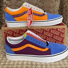 New In The Box Authentic Women’s Vans Sneakers Vans Multicolor Sneakers With Rubber Sole, Vans Old Skool Hi, Trendy Purple Vans Sneakers, Black Old Skool Vans, Sporty Purple Vans Sneakers, Purple Low-top Vans Sneakers, Vans Orange, Multi Colored Vans, Vans Multicolor Synthetic Sneakers