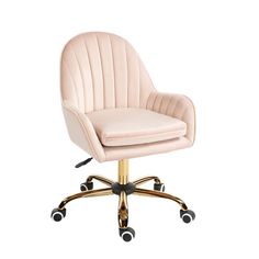 a pink office chair with wheels and casteors on an upholstered white background