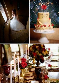 a collage of photos with candles, flowers and a bride in a wedding dress