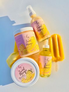 Bundle and save with this combo. Please Read: Due to our products being handmade, color will vary from batch to batch, though the formula for each one is the same. Description: Pamper yourself with this Sweet Mango Body Bundle! Bursting with deliciousness, this bundle is a blend of sun-ripened mango, juicy lemons, and luscious red raspberries. Treat yourself to a Shea butter body scrub, body oil, body mist, and body butter – and get ready to smell (and feel!) oh-so-yummy! For a full list of our Body Butter Photoshoot Ideas, Body Oil Business, Bath And Body Business, Body Oil Aesthetic, Mango Body Scrub, Mango Products, Lemon Body Butter, Body Oil Packaging, Body Butter Packaging