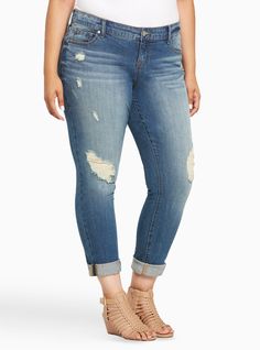 Plus Size Torrid Boyfriend Jeans - Medium Wash with Ripped Destruction, CLOVERDALE Outfit Ideas Plus Size Casual, Plus Size Boyfriend Jeans, Outfit Ideas Plus Size, Plus Size Ripped Jeans, Business Casual Jeans, Plus Size Distressed Jeans, Womens Dress Coats, Flattering Jeans, Tactical Clothing