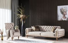 a living room filled with furniture next to a tall vase on top of a hard wood floor