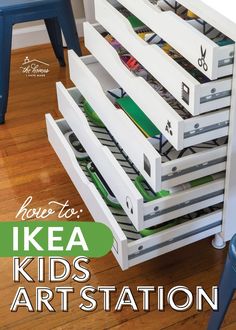 the ikea kids'art station is organized with drawers