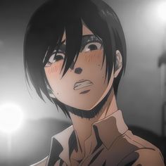 an anime character with black hair and brown eyes staring at the camera while standing in front of a light