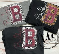 three personalized t - shirts with the letter b and leopard print