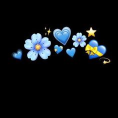 blue hearts, stars and flowers on a black background with the word love written in gold