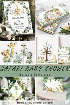 the safari baby shower is shown with green leaves and animals, including an animal theme