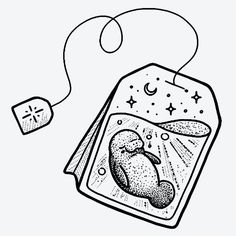 a black and white drawing of a bag of bread with a sleeping cat on it