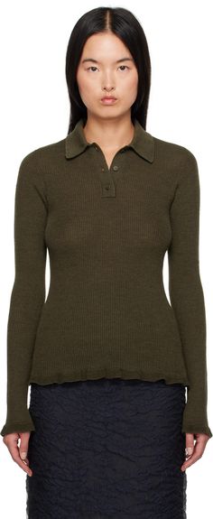 Lightweight rib-knit merino wool polo. · Positive Luxury Butterfly Mark-certified · Spread collar · Three-button placket · Lettuce edge at hem and cuffs Supplier color: Olive grey Wool Ribbed Polo Sweater For Workwear, Cecilie Bahnsen, Grey Polo Shirt, Polo Women, Green Tshirt, Polo Shirt Women, Top Collection, Button Placket, Lettuce