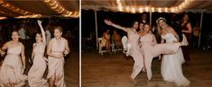 two pictures of women in dresses dancing at a wedding