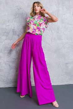 These stylish AT THE WISHING WELL WOVEN PANTS are designed with a waistband, pleated front detail and extra-wide leg. Their side zipper closure provides a secure and comfortable fit, making them perfect for any occasion. Details Self : 100% Polyester Size & Fit - Model is 5`8" And Wearing Size Small - Measurements Taken From Size Small - Approx. Length: 44" Purple Ankle-length Wide Leg Pants, Purple Wide Leg Pants For Spring, Chic Pleated Purple Bottoms, Chic Purple Pleated Bottoms, Chic Purple Ankle-length Bottoms, Chic Purple Ankle-length Pants, Purple Wide Leg Bottoms For Spring, Purple Wide Leg Pants With Elastic Waistband, Spring Purple Wide Leg Pants With Elastic Waistband