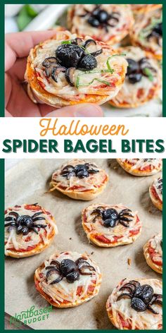 halloween spider bagel bites with cheese and black olives on top are the perfect appetizer to serve