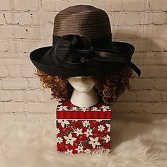 Ladies Nwt Hat With Design Black Bucket Hat For Kentucky Derby, Black Kentucky Derby Bucket Hat, Brown Fitted Sun Hat For Kentucky Derby, Fitted Brown Sun Hat For Kentucky Derby, Elegant Brown Bucket Hat, Brown Bucket Hat For Kentucky Derby, Adjustable Brown Cloche Hat For Kentucky Derby, New York Hat, Black And Brown