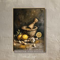 a painting of lemons and garlic on a table next to an old mortar bowl