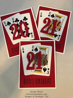 three playing cards with the number twenty two on them, and one that says happy birthday