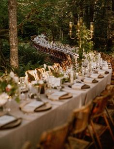 a long table is set up in the woods