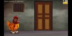 a cartoon chicken walking in front of a door