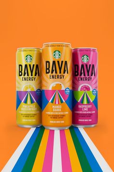 Visual shows three Starbucks Baya Energy cans - Pineapple Passionfruit, Mango Guava, and Raspberry Lime - on an orange background with a rainbow prism at the bottom of the frame leading to the cans. Best Yoga Retreats, Packaging Template Design, Drinks Design, Energy Drink, Bottle Design, Ad Design, Media Design, Visual Design, The Coffee