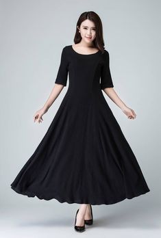 "The black linen dress is designed in A line shape, fit and flare, the linen dress can show your prefect body shape, do not miss the summer dress. The A line dress open by side zipper, open by side zipper. The linen summer dress has no waistband, it not fit waist dress. DETAILS: * Linen blend * 50% linen , 50% cotton blend * Round collar * Fitted waist * 3/4 sleeve * A line style * Ankle length * Side zip closure * Suitable for summer * Wash by hand or machine with cold water, Ironing after dry Fitted Linen A-line Maxi Dress, Elegant Linen A-line Maxi Dress, Elegant Floor-length Linen Dresses, Elegant Linen Maxi Dress, Fitted Long Linen Dress, Elegant Black Midi Linen Dress, Black A-line Linen Summer Dress, Elegant A-line Linen Maxi Dress, Elegant Black Fitted Linen Dress