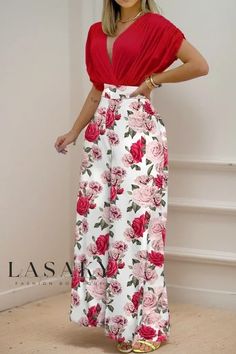 Lasaky - Chic and Trendy Floral Printed Casual Attire Elegant Pant, Princess Sleeves, Surplice Top, Formal Cocktail Dress, Printed Wide Leg Pants, Top Pants Set, Spring Outfits Women, Pantalon Large, Active Wear Leggings