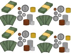 several stacks of money and coins with one dollar on top, the other in different positions