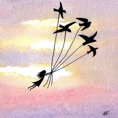 watercolor painting of birds flying in the sky with their tails tied to strings as if they were holding hands