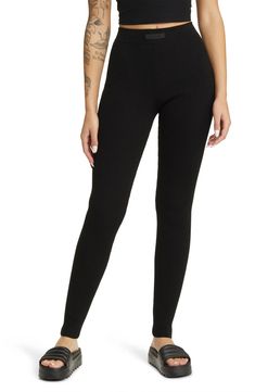 Essentials Leggings Outfit, Full-length Ribbed Yoga Activewear, Ribbed Athleisure Yoga Bottoms, Full-length Ribbed Athleisure Activewear, Fitted High-waist Leggings With Ribbed Waistband, High Stretch Tights With Ribbed Waistband, Fitted High Waist Leggings With Ribbed Waistband, Ribbed Full-length Athleisure Activewear, Full Length Ribbed Athleisure Activewear