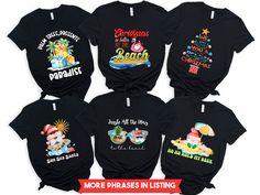 six t - shirts with christmas designs on them and the words more phrases in listing