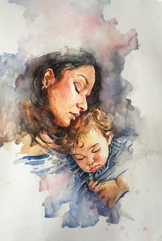 a watercolor painting of a mother holding her child's head while she sleeps