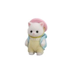 a small white cat with a pink hat and backpack on it's back, sitting in front of a white background