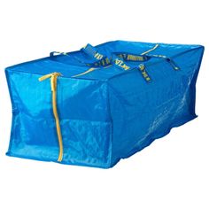 the large blue bag is covered with yellow tape and has two straps on each side