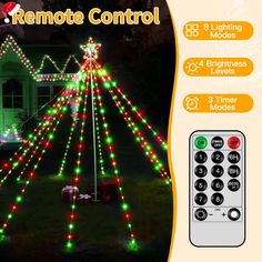 an image of christmas lights in the yard with remote control on it's side