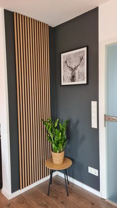 a potted plant sitting on top of a wooden table in front of a striped wall