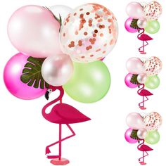 a pink flamingo standing in front of balloons and confetti on a white background