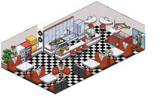 an overhead view of a kitchen with checkered flooring and black and white walls