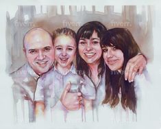 a family portrait painted with watercolors on paper, including two adults and one child