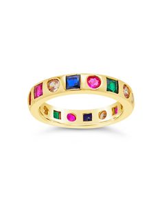 Liven up your look with this Courtney Ring! This sparkling band ring features rainbow-hued CZ stones in a wild array of shapes - it's like a rainbow, but better! (Let's be real, rainbows don't sparkle nearly as much!) Get ready to rock a look that turns heads - in all the colors of the wind. Materials: 14k gold or rhodium plated brass, cubic zirconia Features: 4mm band, 3mm CZ stones, Lead & Nickel free Colors Of The Wind, Rainbow Band, Gold Band Ring, Sister Wedding, Rock A, Be Real, Pearl Earrings Dangle, Sterling Silver Hoops, Silver Hoops