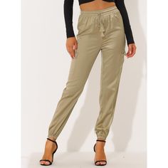 Master the chic look while staying comfy with the High Waist Satin Cargo Pants. The soft satin fabric shapes the stylish pants with an elasticized, drawstring waist and loose straight legs. Elastic waist with matching color drawstring, and relaxed elastic cuffs at the ankles, easy to pull on and take off. Two cargo pockets make you look cool. Stretch Khaki Pants With Drawstring, Trendy Stretch Khaki Pants, Trendy Khaki Bottoms With Elastic Waistband, Trendy Khaki Pants With Elastic Waistband, Khaki High-waist Drawstring Pants, High Waist Khaki Pants With Drawstring, Khaki High Waist Drawstring Pants, Trendy Khaki Pants With Drawstring, Satin Cargo Pants