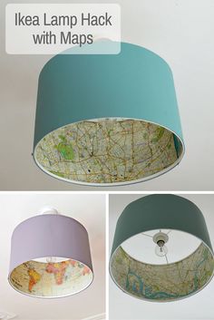 three different views of a ceiling light with maps on it and the same lamp shade